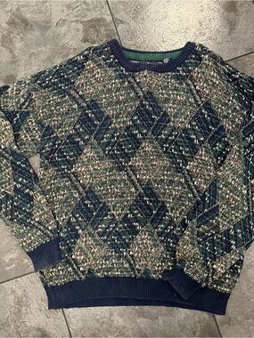 Men's Green Patterned Crewneck Sweater with Navy Trim